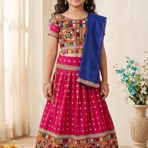 Girls Embroidered Lehenga Choli with Dupatta for Navratri Garba Dandiya Wedding Party Ethnic Outfit