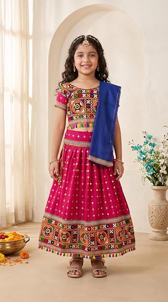 Girls Embroidered Lehenga Choli with Dupatta for Navratri Garba Dandiya Wedding Party Ethnic Outfit